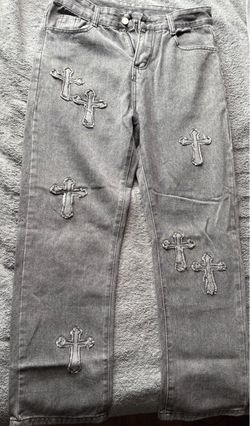 Chrome Hearts Light Wash Denim Jeans with Cross Patches