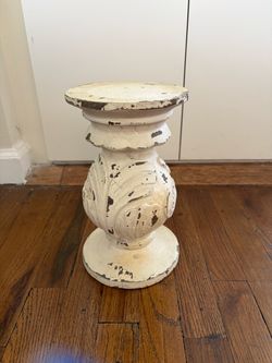 Distressed White Wood Pillar Candle Holder