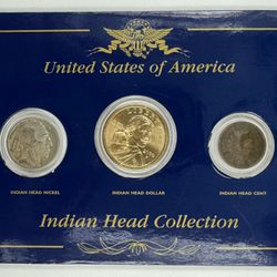 United States Of America Indian Head Collection 3 Coin Set In Display Holder 