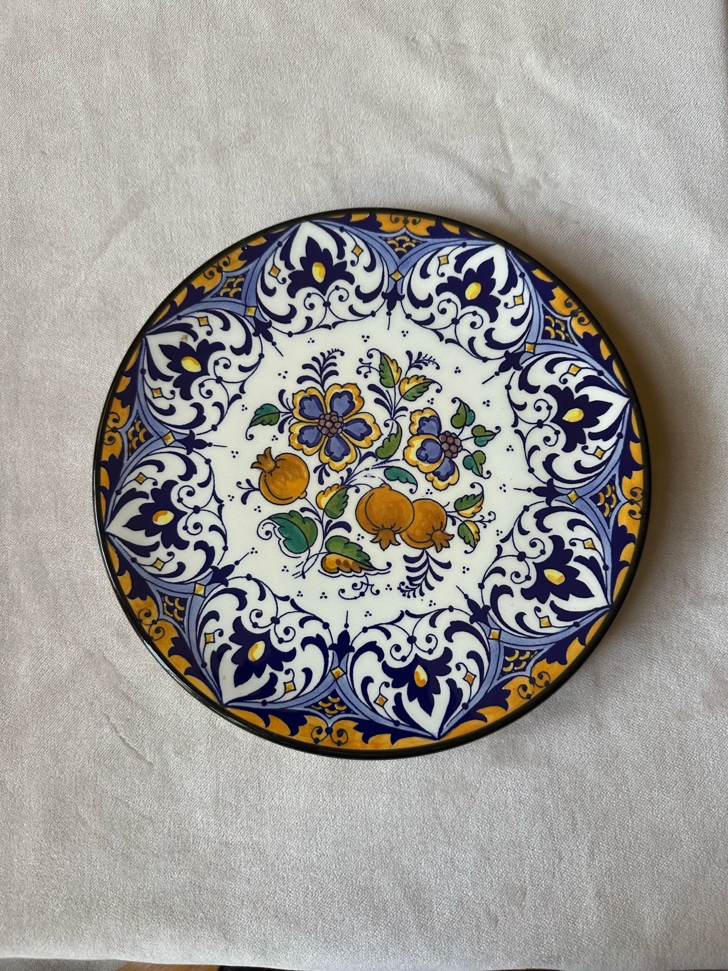 Ceramar Spain Ceramic Decorative Plate Hand Painted Floral Blue White Gold