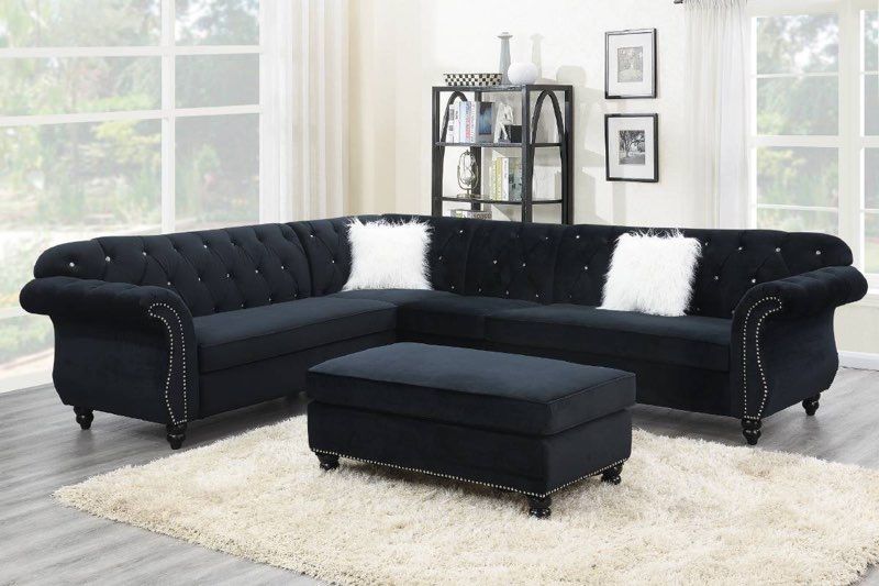 Black Velvet Sectional Glam With Crystal Tufting White Pillows And Ottoman Included