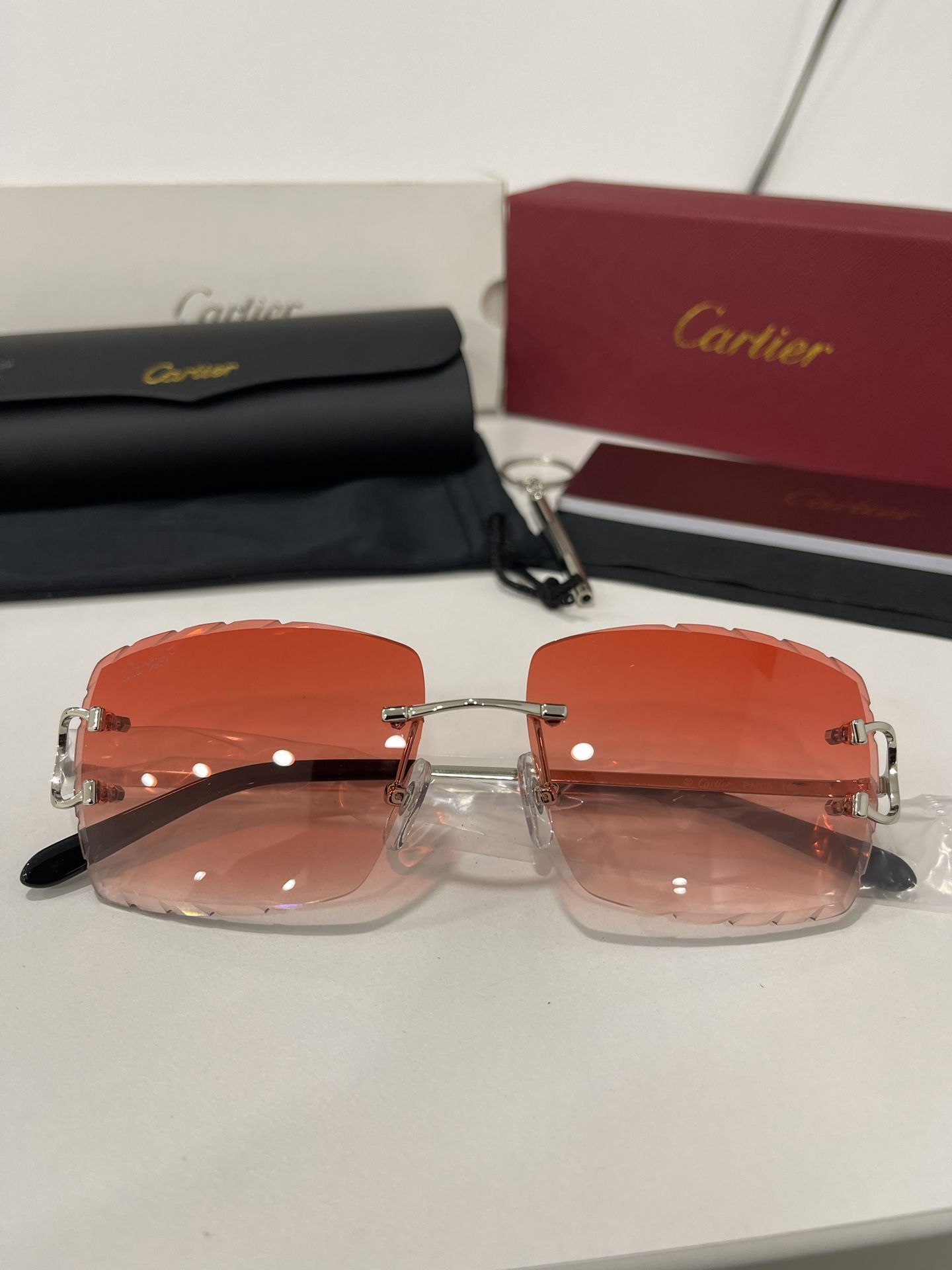 Cartier Glasses (Diamond cut) Red Lense, Silver Frame