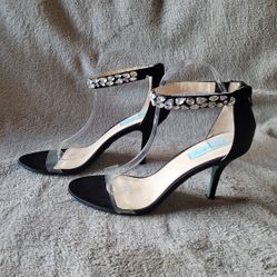 Blue by Betsey Johnson Drew Black Satin Rhinestone Ankle Strap Heels size 10