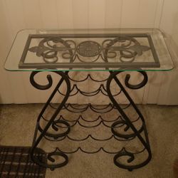 LARGE (28"H x 19.75"L x 7.75"W) WROUGHT-IRON WINE RACK - price WITH HEAVY GLASS TOP is firm as posted (pls see more details herein - drill down).