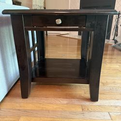 Dark Brown Wood End Table with Drawer & Shelf