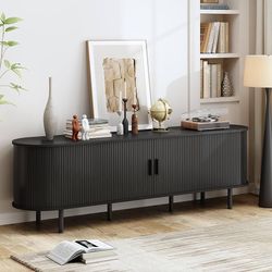 70.8" TV Stand with Power Outlet, Mid-Century Modern Television Stand, Fluted Media Console with Sliding Doors, Entertainment Center for TVs up to 60 