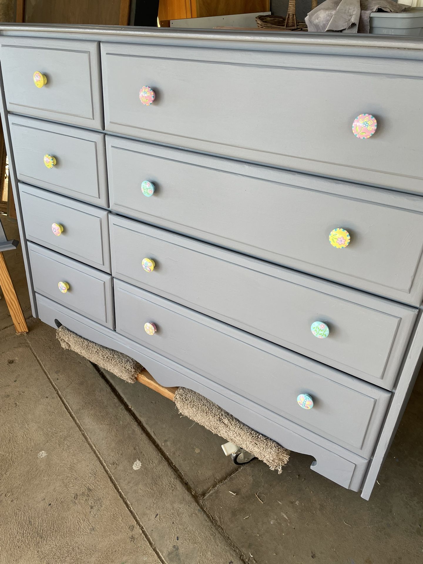 Gray Dresser wood - 8 drawers 49.5 inches wide/. 36 inches high /. 17.5 inches with mirror