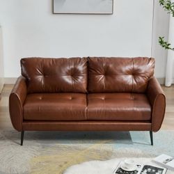 61" Mini Leather Arm Couch, 2 Seater Modern Sofa, Mid Century Modern Small Comfy Loveseat Sofa for Living Room, Bedroom, Office, Brown