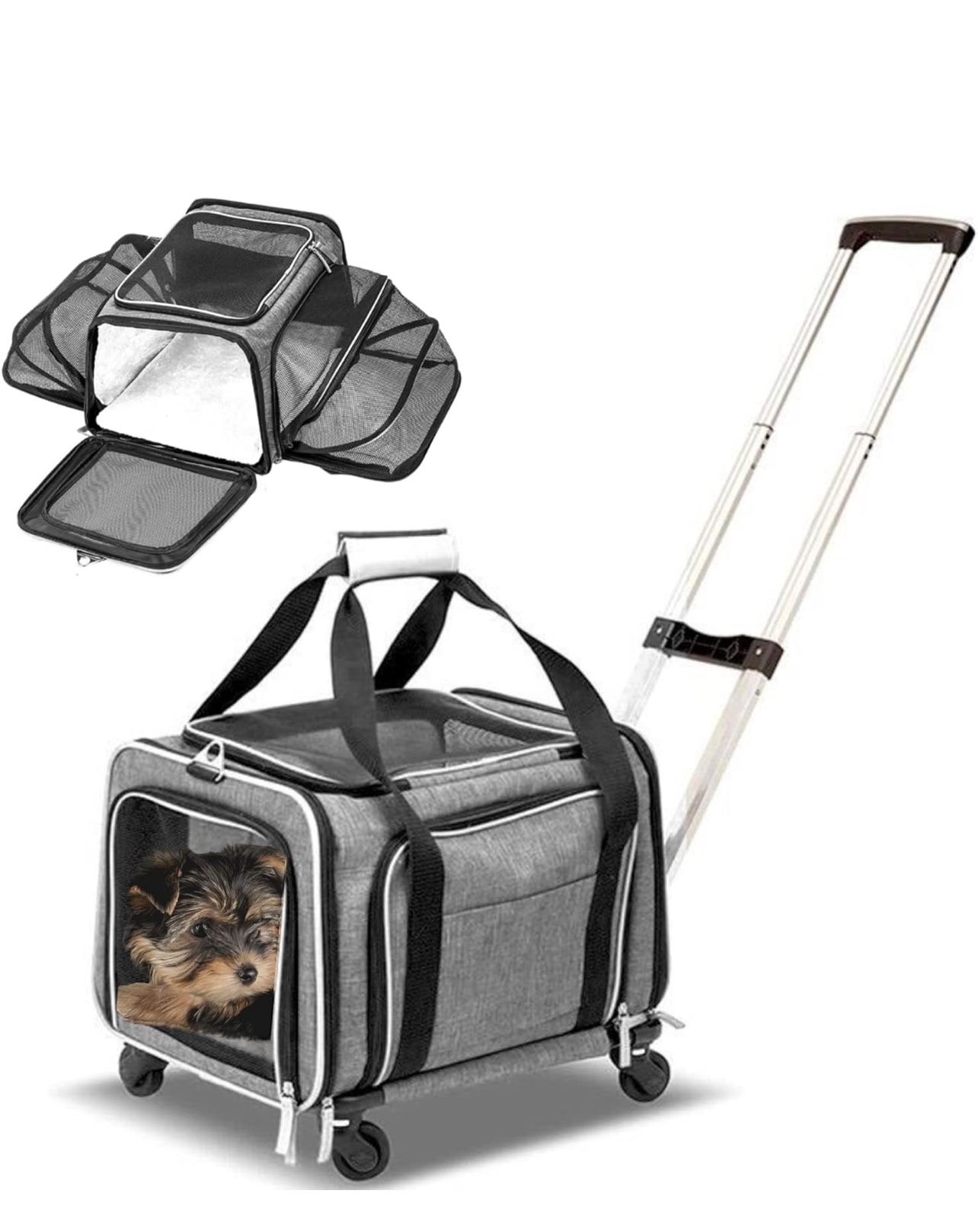 NEW- Airline Approved Expandable Premium Pet Carrier on Wheels- Two Sided Expandable Rolling Carrier