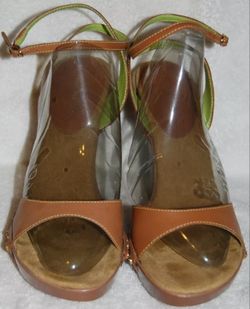 Nine West tan leather gem encrusted wedge sandals