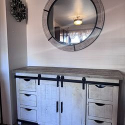Farmhouse Style 6 Drawer Sideboard Buffet Cabinet and Mirror