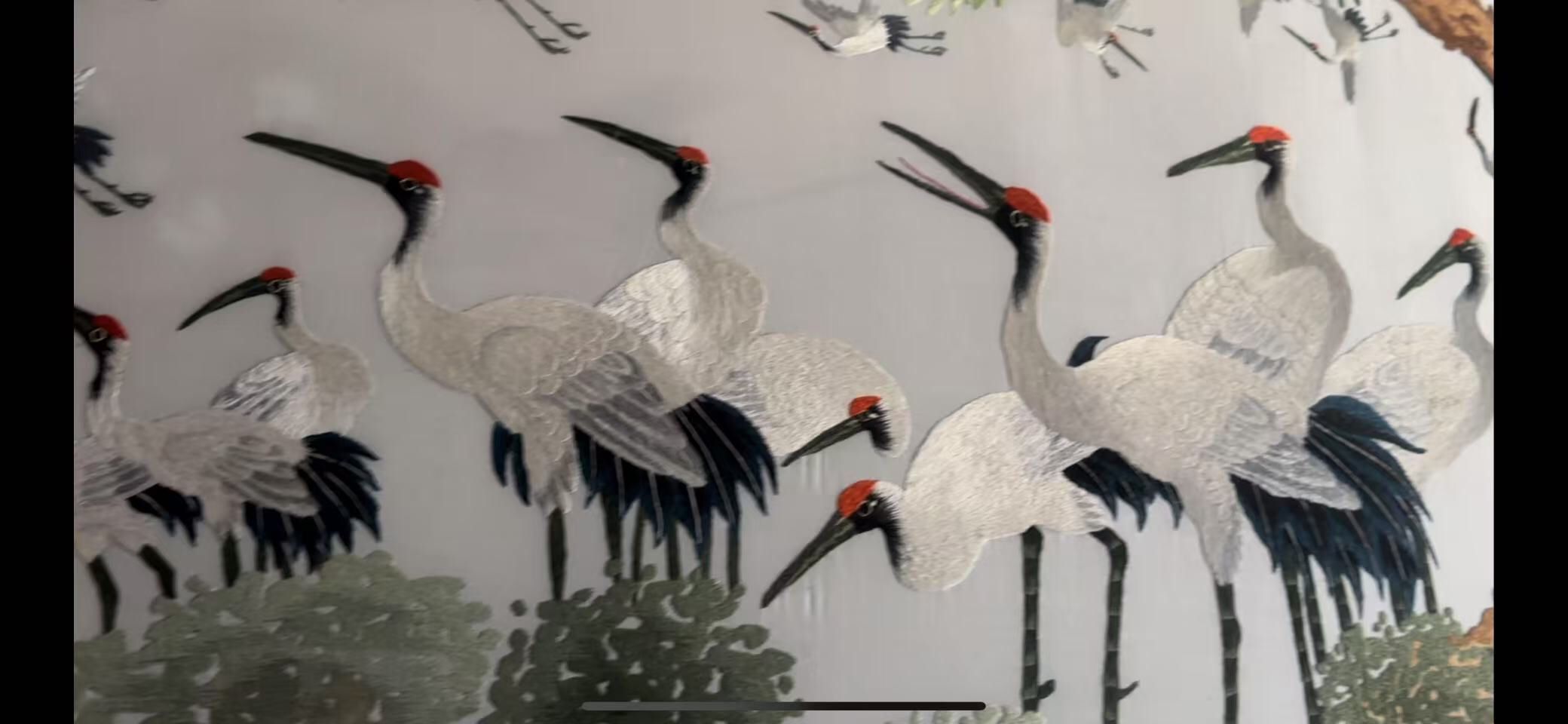 Vintage Hand Silk Chinese Embroidery Art Framed Of One Hundred Cranes