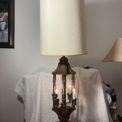 Vintage Wood Brass Candelabra Table Lamp 