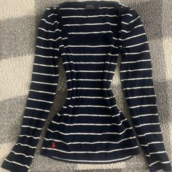 Polo Ralph Lauren women's navy blue and white striped long-sleeve scoop neck shirt