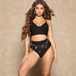 Fashion Nova- Black 2 Piece High Waisted Bathing Suit Size L