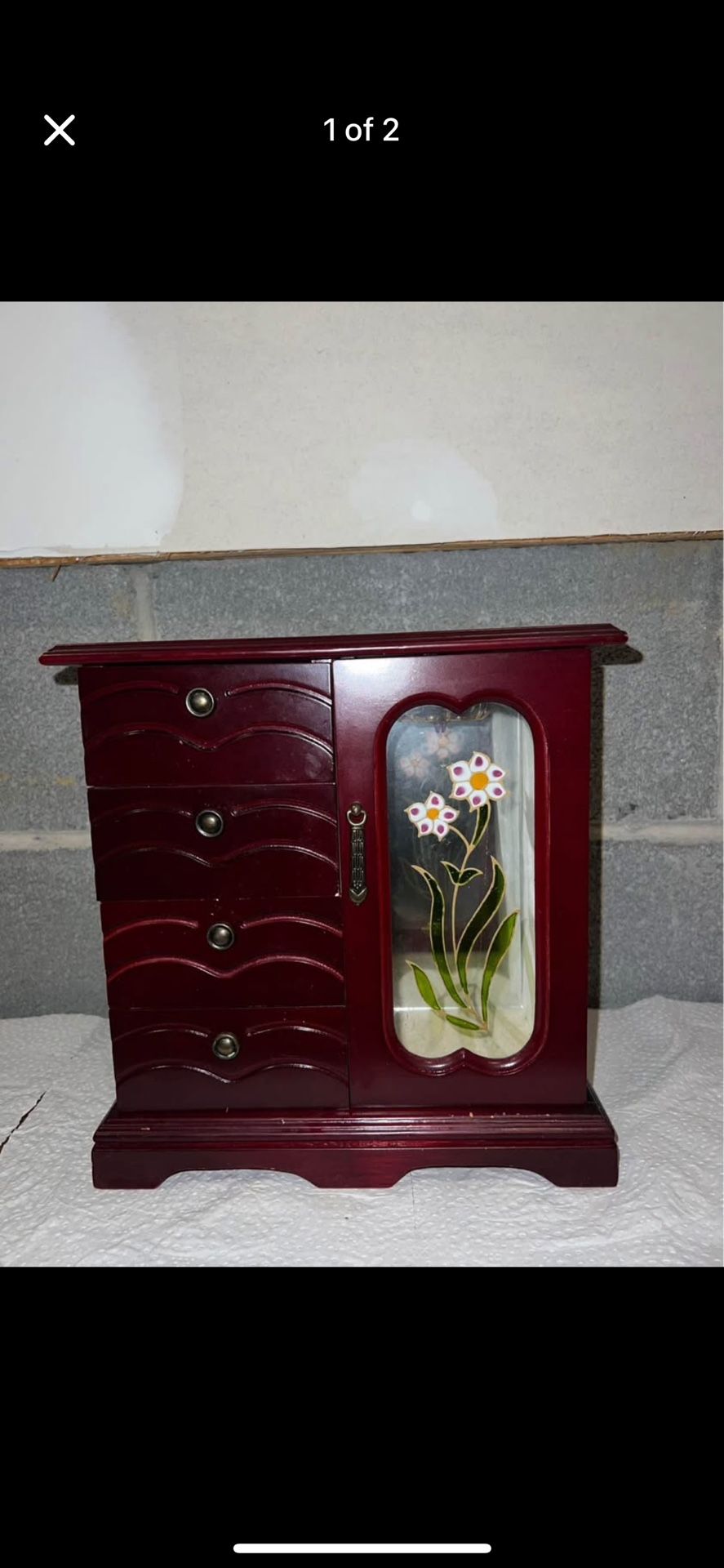 Elegant Cherry Wood Jewelry Box with Floral Glass