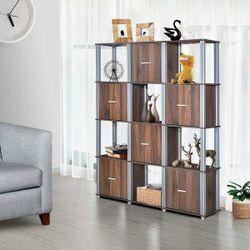 4-Tier Living Room Storage Shelf w/12 Cubes Display Bookcase Walnut w/6 Doors