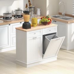 Tilt Out Trash Cabinet,Antique-Style Beadboard Kitchen Island with Solid Wood Tabletop & Drawer, Pet Proof Trash Can, Wood Laundry Cabinet