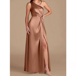 Azazie Brooke Brown Satin One Shoulder Maxi Dress