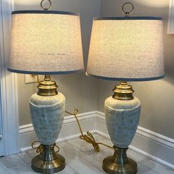 2 Brushed Antique Gold Metal & Cream, Gold & Charcoal Gray Ceramic Lamps w Matching Finials & Shades