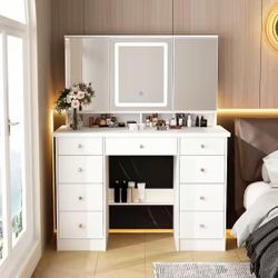 White Modern Makeup Vanity Desk 9 Drawers Wood Dressing Table With 3 Mirrors, Hidden Storage Shelves, LED Lighted