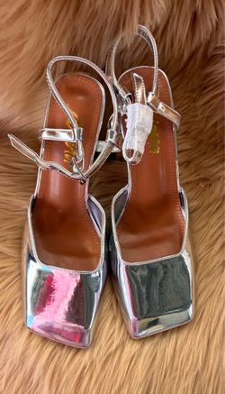 Women’s Silver Metallic Square Toe Strappy Ankle Strap Buckle Block Heels