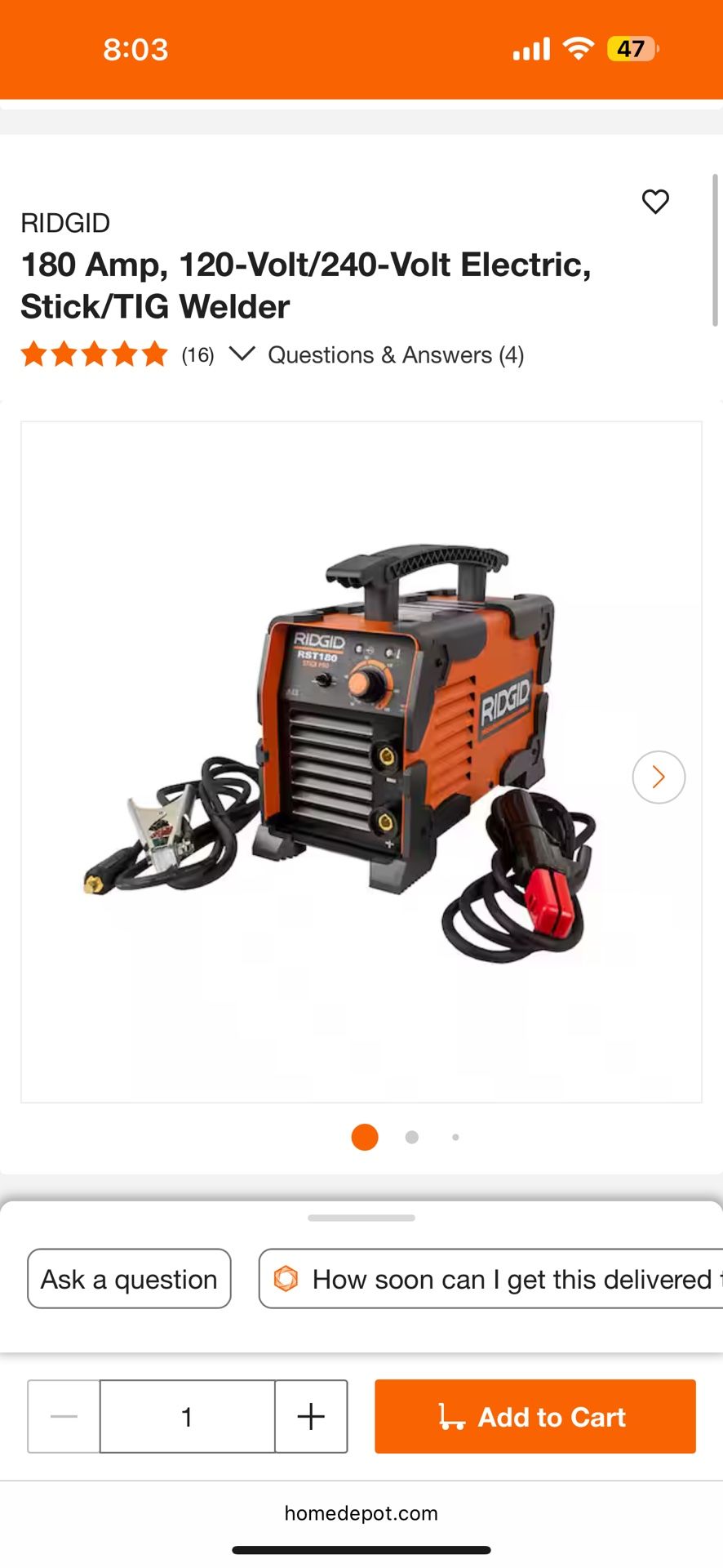 180 Amp, 120-Volt/240-Volt Electric, Stick/TIG Well