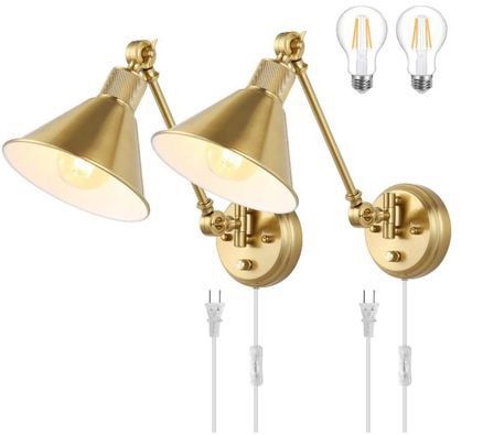 Hotel Grade Brush Gold Dimmable Swing Arm  Wall Sconce Set /2