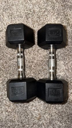 Two 15 lb Rubber Hex Dumbbell Hand Weight