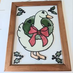 Stained Glass" Painted Glass Christmas Goose Hanging Decor Suncatcher 14x18 Lg