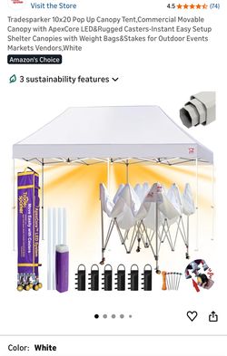10x20 Pop Up Canopy Tent,Commercial Movable Canopy with ApexCore LED&Rugged Casters-Instant Easy Setup Shelter Canopies with Weight Bags&Stakes for Ou