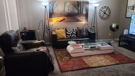 Moving sale. Electric reclyner, Ikea love seat, Coffe table, and Area rug