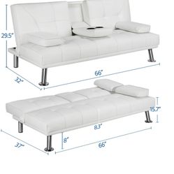 Faux Leather Futon with Cupholders & Pillows