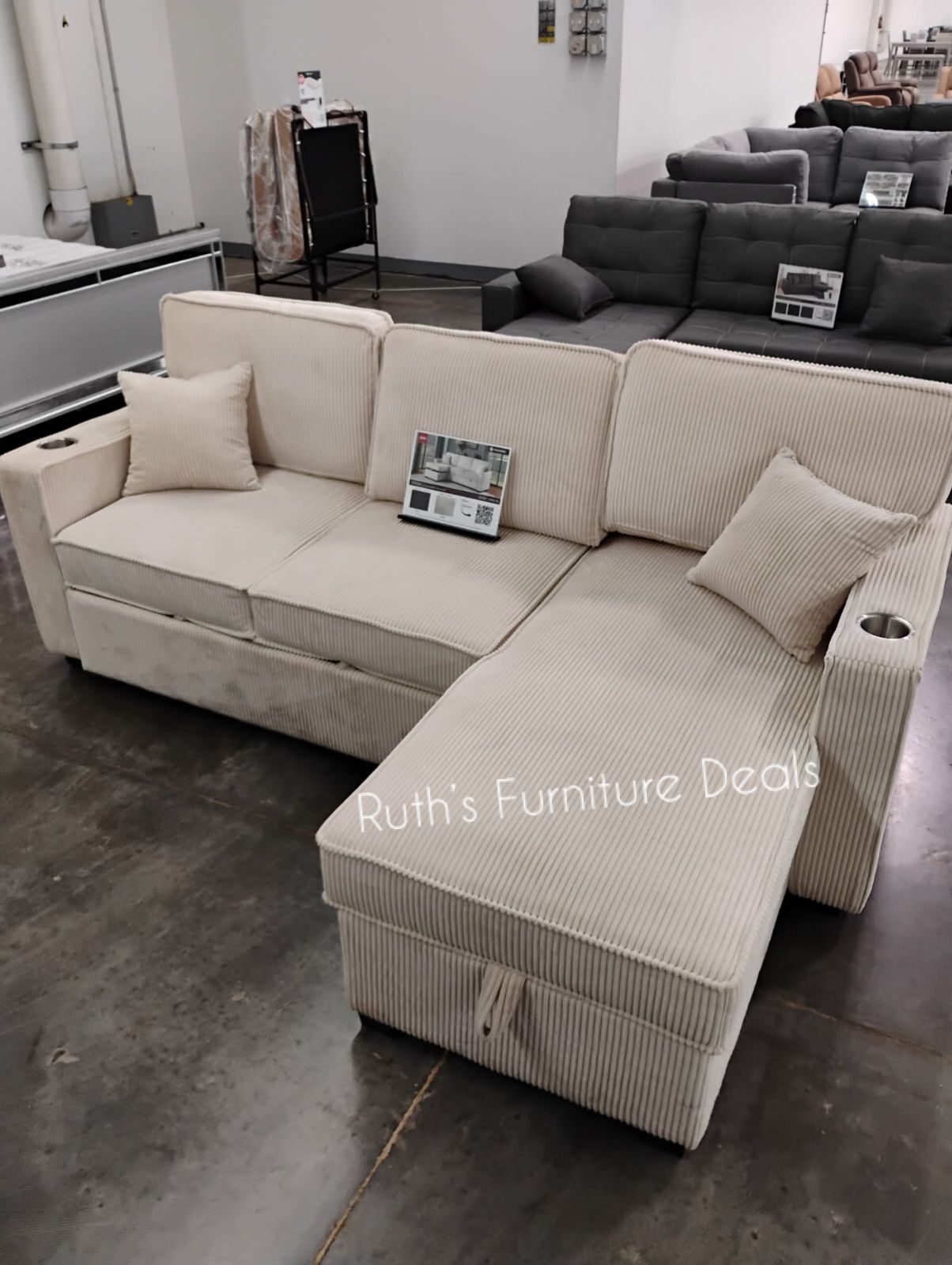 Beautiful 3-Pc Beige Corduroy Sectional Sofa Set