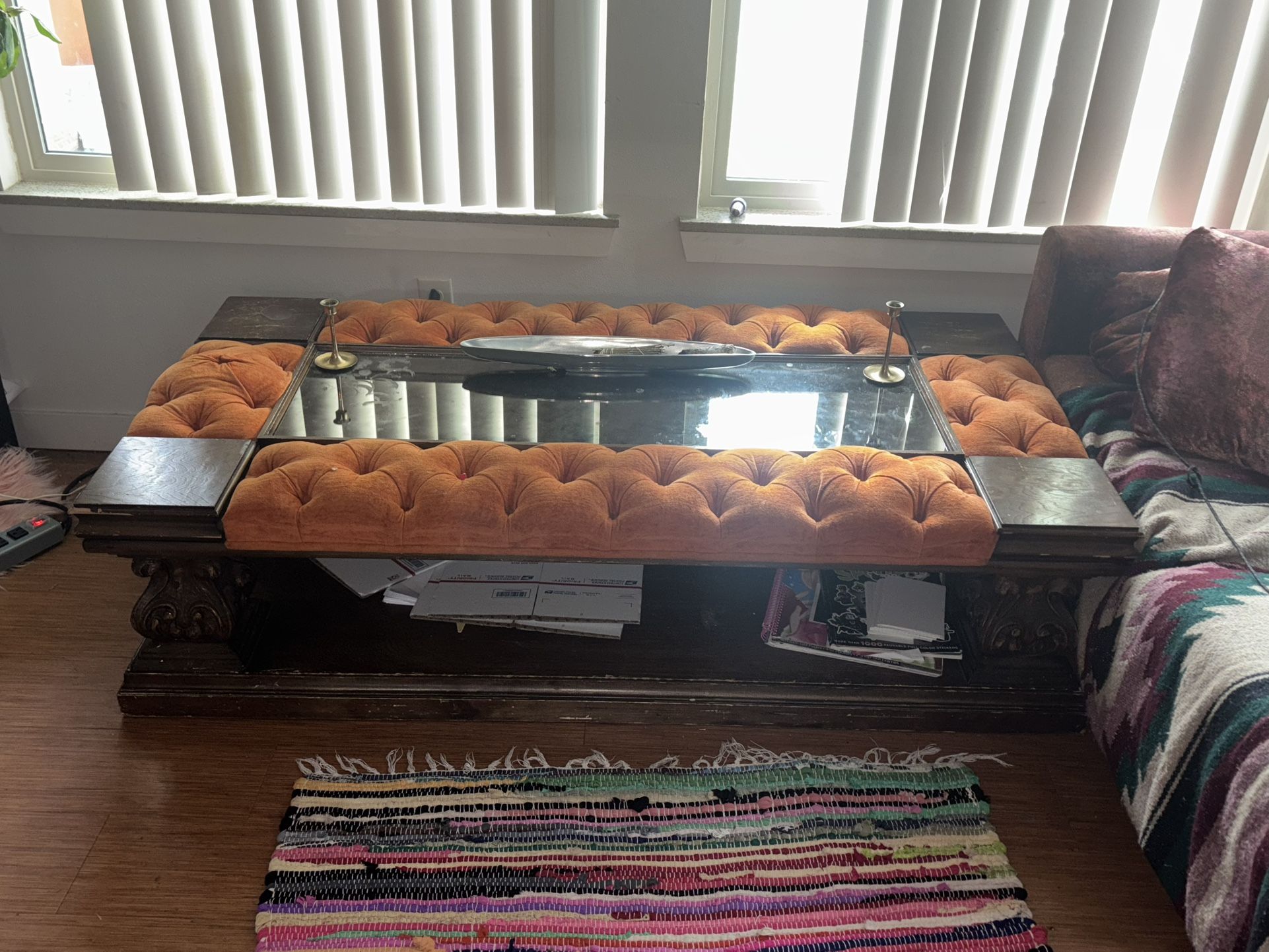 Vintage Table Made Of Carved Wood, Tufted Fabric, And Smoked Glass Mirror Top