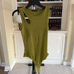 Emerson Lang ribbed cutout bodysuit in a chartreuse green color