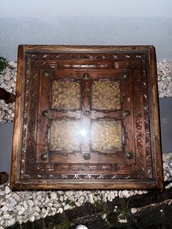 Indian Carved Wood Coffee Table with Brass Accents