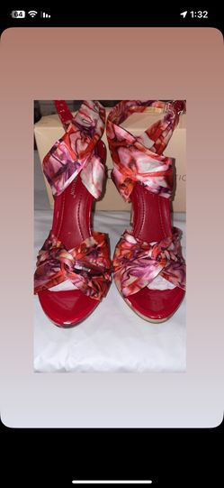 BCBGeneration floral satin wrap-around ankle straps high-heel sandals