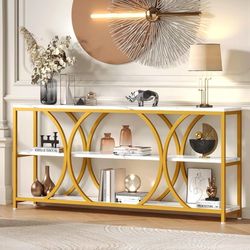 70.8 inch Extra Long Entryway Table,Narrow Sofa Table Behind Couch with 3 Tier Storage Shelves for Hallway, Living Room,Console Table with Gold Frame 