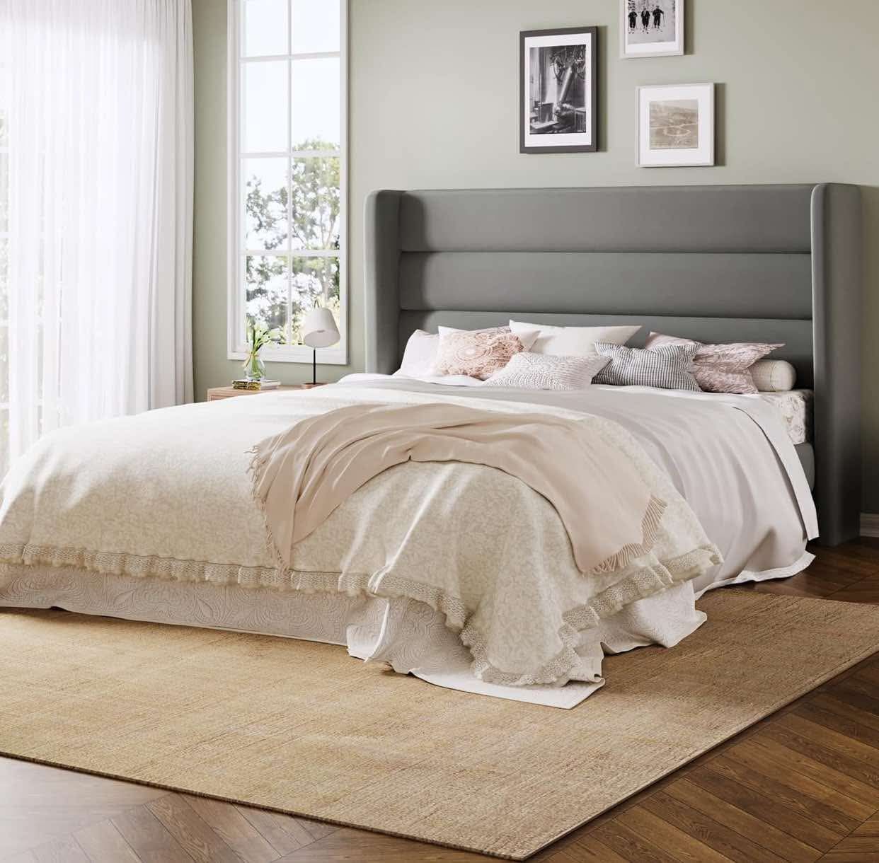 Full Size Platform Bed Frame with Velvet Upholstered Wingback Headboard, No Box Spring Needed, Under Bed Storage Space, Strong Wooden Slats, Modern Ma