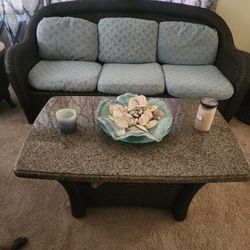 High End Wicker Sofa And Marble Top Wicker Coffee Table Set