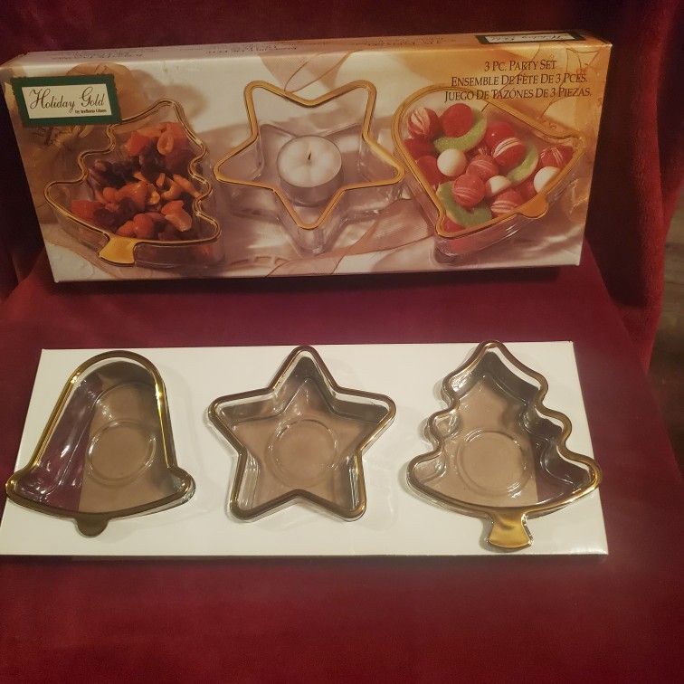 VINTAGE HOLIDAY GOLD INDIANA GLASS 3 PIECE PARTY SET