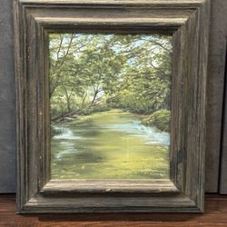 Lovely Midcentury Spring Forest River Oil Painting signed "N. Chalstrom"