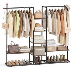 Clothes Rack with Shoe Shelf, Heavy-Duty Storage Rack, 6 Storage Shelves, 2 Hanging Rails Closet Wardrobe