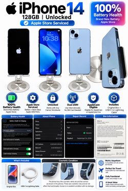 📱 iPhone 14 128GB Unlocked  100% Battery Health (open to trades)