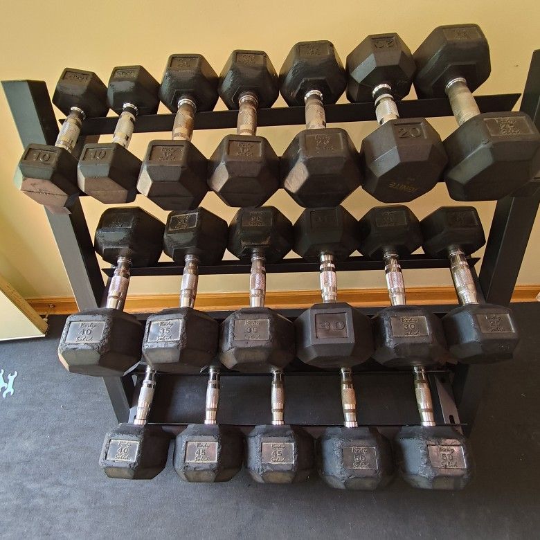 Used Worn 10lb Thru 50lb Rubber Hex Dumbbell Set With Rack