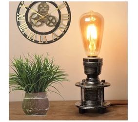 Vintage Industrial Table Lamp Steampunk Holder - Retro Small Desk Lamp Base with Plug in Cord