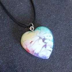 Pastel multicolored rainbow heart pendant on 20" black necklace new handmade 