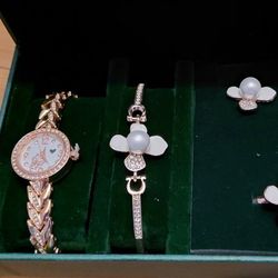 Brand New Women Fashion Box Watch . Bracelet.  Earring And Ring One Size