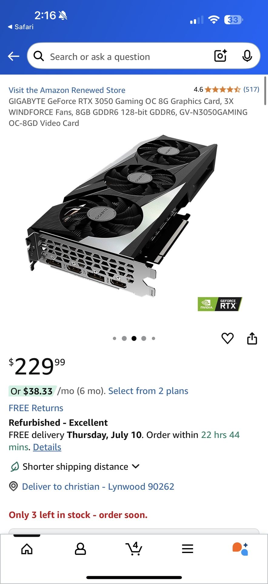 Gigabyte RTX 3050 8gb